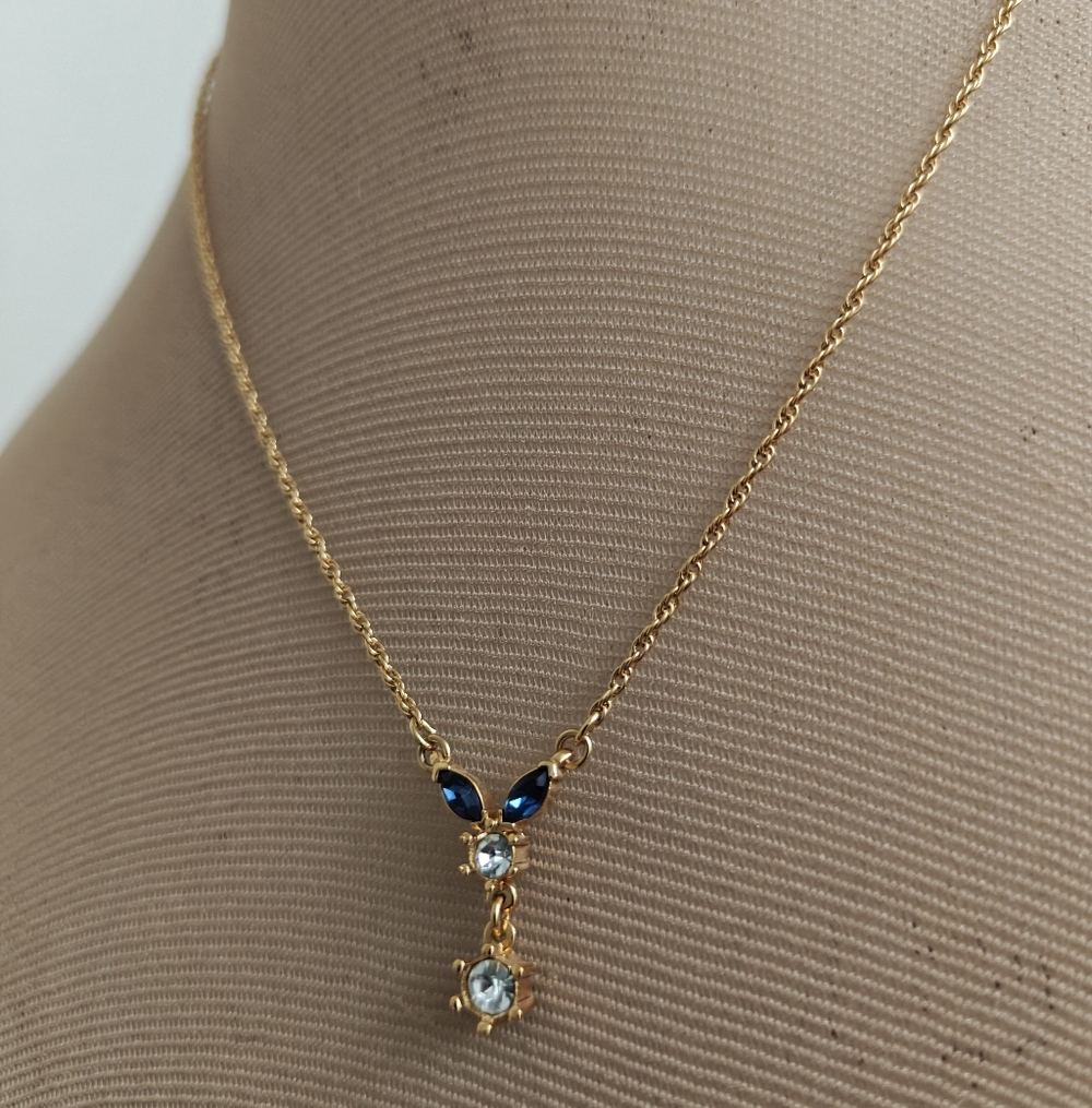 Vintage Nina Ricci Gold and Sapphire Blue Glass Dainty Y-Necklace